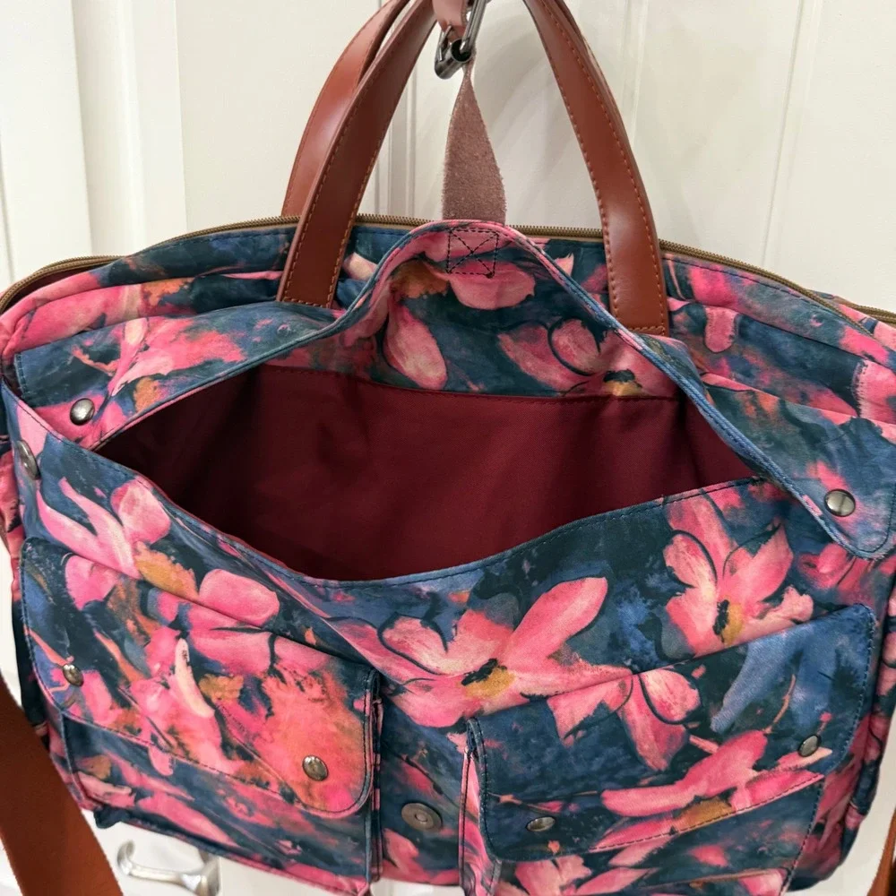 Baosha Laptop Bag OS Pink Navy Floral Canvas Messenger Crossbody Briefcase
